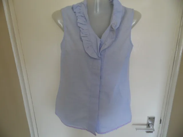 Ladies Pale Blue, Sleeveless, V Neck Button Up Top with Frill Size XS UK 8