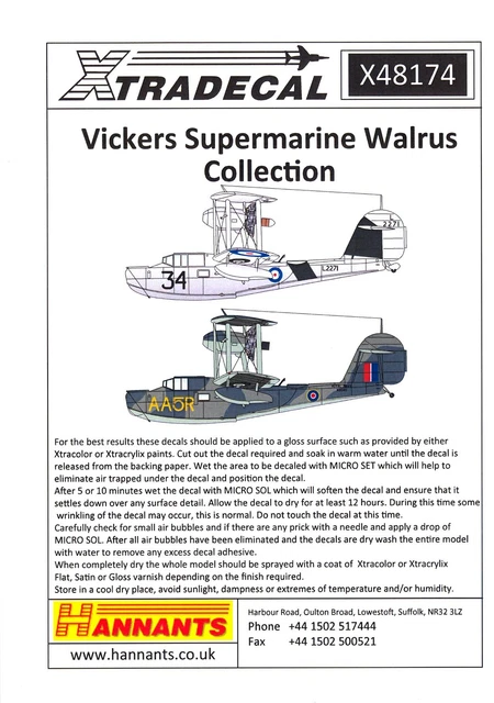 Xtra Decals 1/48 VICKERS SUPERMARINE WALRUS British Flying Boat