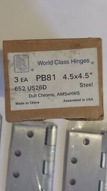 NEW WORLD CLASS DOOR HINGE 4B81 4.5" x 4.5" 652 US26D-BOX OF 3 FREE SHIPPING