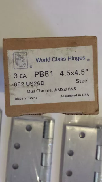 NEW WORLD CLASS DOOR HINGE 4B81 4.5" x 4.5" 652 US26D-BOX OF 3 FREE SHIPPING