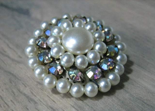 Broche Fantaisie Ancienne Ronde - Pierres Strass Multicolores, Diamètre ~6 Cm, Occasion
