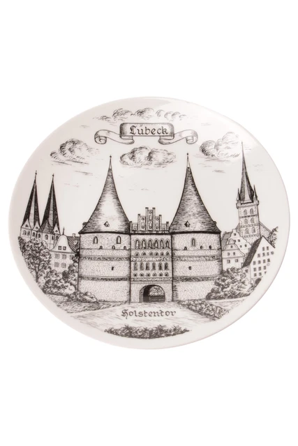 Plato de pared PORZELLA Ø 20 cm porcelana Lübeck puerta de madera