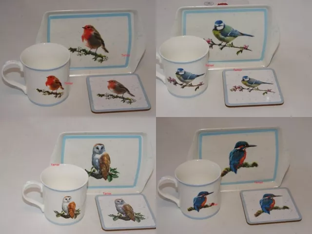 Bird Mug Set with Coaster & Tray Robin Blue Tit Owl Kingfisher By Leonardo BNIB