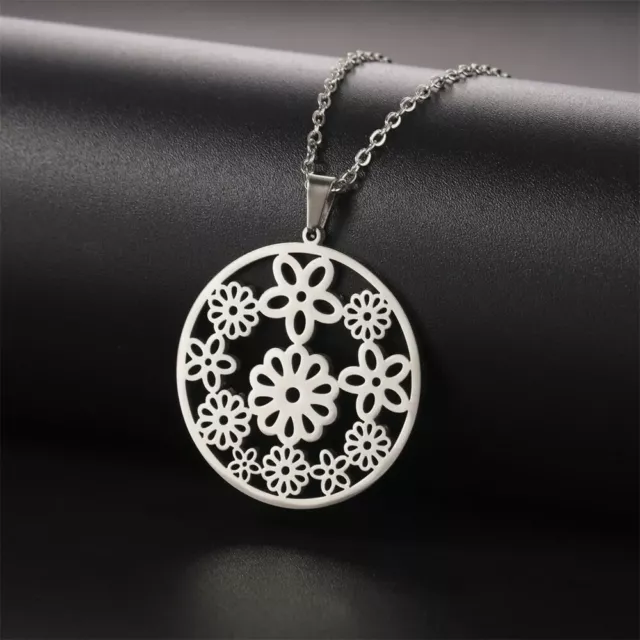 Flowers Hollow Pendant Necklace for Women Stainless Steel Floral Round Charms