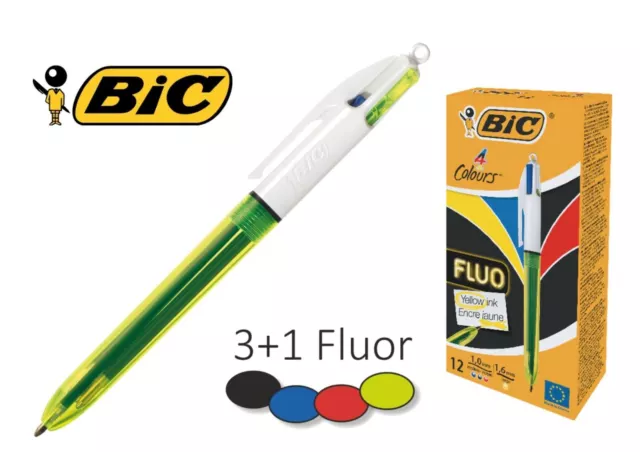 Bic 4 Colours Fluo Retractable Ballpoint Pen - Pack of 12 - FREE P&P
