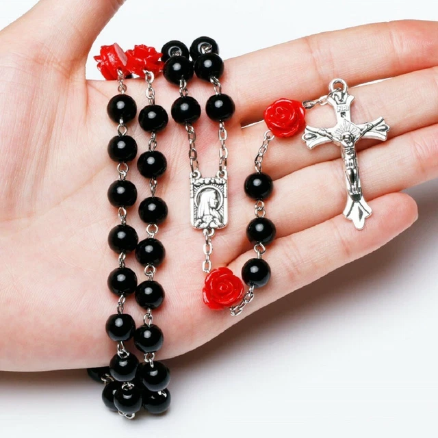 BLACK BEADED ROSARY 28" Necklace 6" Drop 6mm Prayer Beads Catholic Crucifix