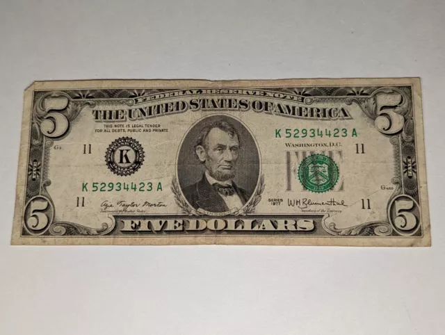 Five Dollar Bill $5 Series 1977 Dallas Texas US Currency K52934423A Fed Reserve
