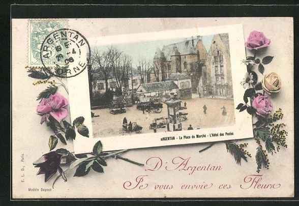 CPA Argentan, La Place du Marché - L'Hotel des Postes 1906
