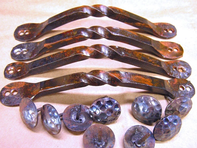 4 hand forged twisted iron drawer handles, cabinet pulls, 8 clavos, set 21523