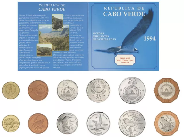 CAPE VERDE, Birds, Official Mint set of 6 Coins, 1994, BU (Brilliant UNC)