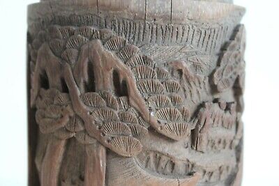 Boîte à Thé en Bambou Sculpté Décor Village Temple XIXe Antique Chinese 2