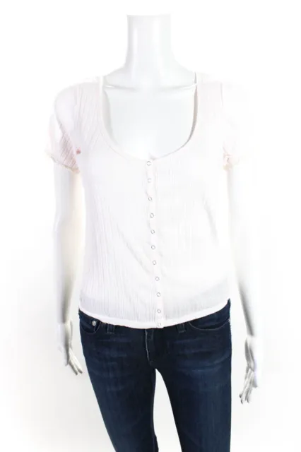 Rebecca Taylor Womens Cotton Ribbed Ruffle Button Short Sleeve Top Pink Size XS