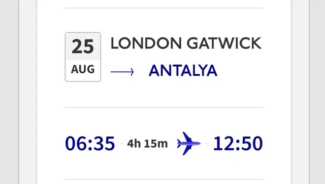2 Flight tickets London Gatwick Antalya 25 August one way