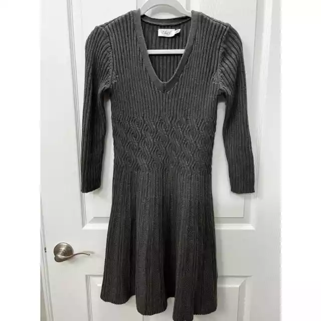 Eliza J. Sweater Dress Long Sleeve V-Neck Cable Knit Ribbed Arm Flutter Gray S