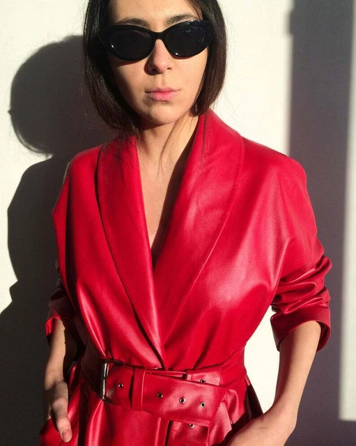 Genuine Handmade Women's Red Lambskin Leather Long Trench Coat Celebrity Coat