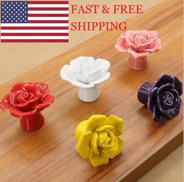 8pc Rose Flower Ceramic Drawer Door Knob Pull Handle Cabinet Pull Cupboard Knobs