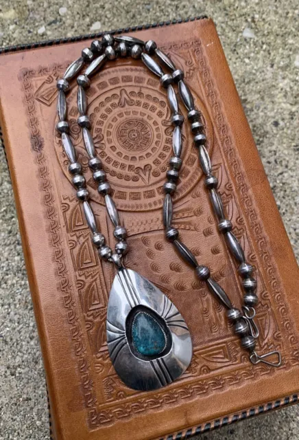 Sterling Silver Navajo Pearl Necklace & Turquoise Shadow Box Pendant 925 Estate