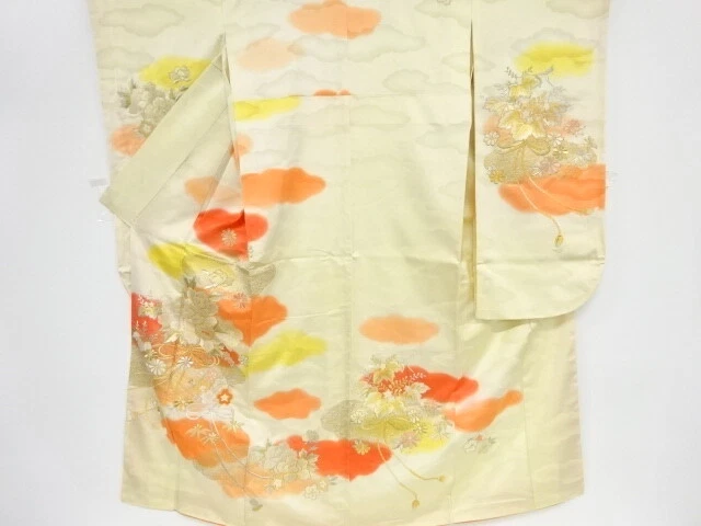 46918# Japanese Kimono / Antique Furisode / Embroidery / Floral Plants & Clo