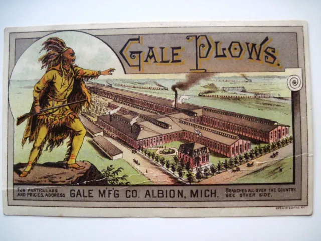 Victorian Trade Card for "Gale Plows Mfg. Co." w/ Indian & Factory Pictured   *