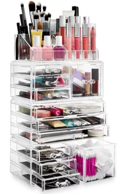 LARGE Acrylic Cosmetic Organizer and Storage W/ DISPLAYCASE 16 Slots, 9 Drawers