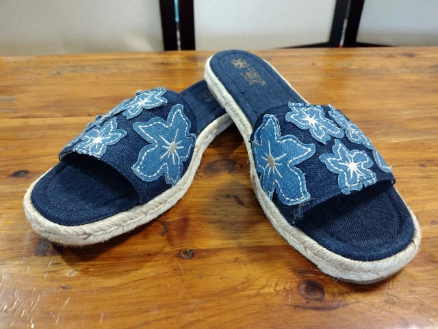 Denim Floral Jute Avon Cushion Walk Sandals sz 9 Summer Slides Boho CUTE!!!