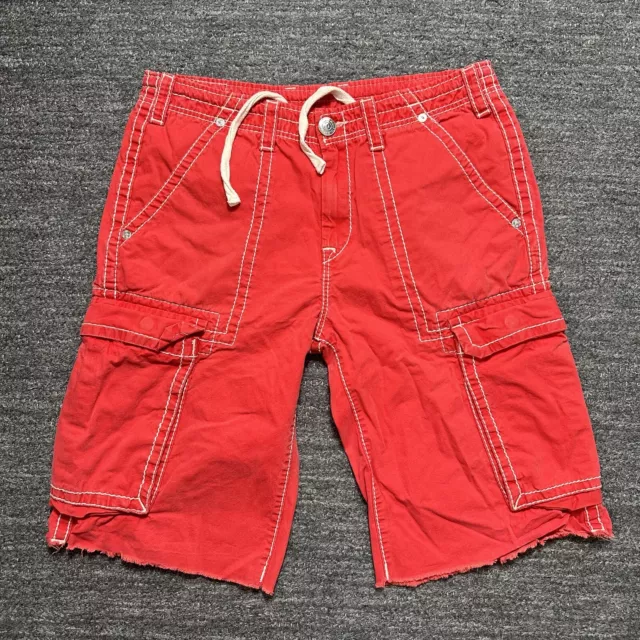 True Religion Cargo Shorts Men 34 Red Drawstring Raw Hem Skater Big T Y2K 90s