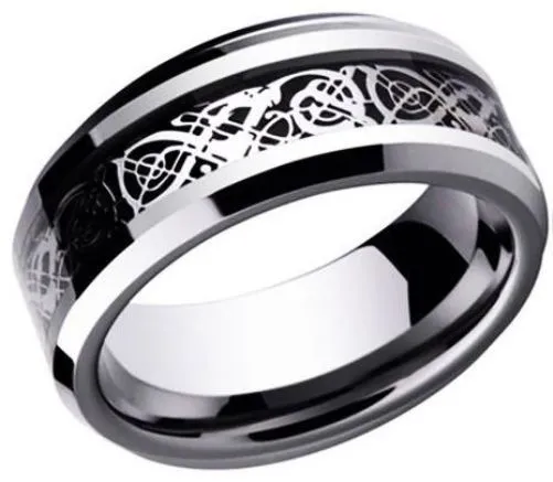 Celtic Dragon Silver & Black Scroll Size 8 Ring 8mm Solid Steel Band USA SELLER