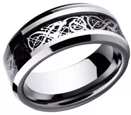 Celtic Knot Black Dragon Silver Scroll Ring Sz 6 Steel 8mm Solid Band USA SELLER