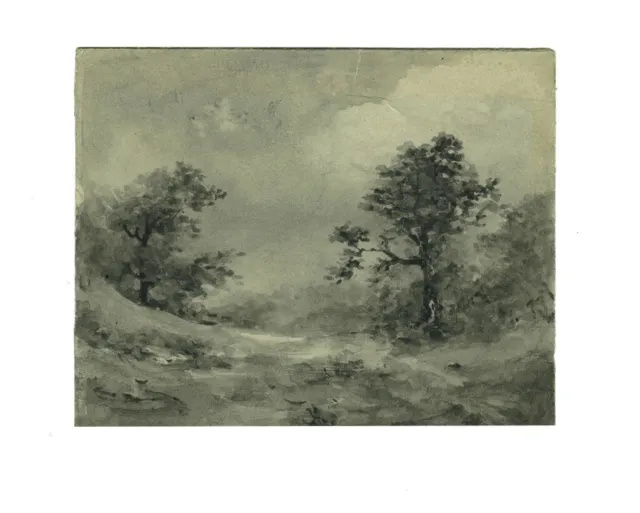 Paysage - Dessin original ancien au lavis gris