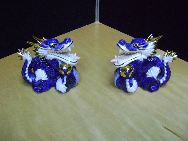 Lucky Dragons TKN Japan Yoshimi K. Pair of Porcelain Cobalt Blue & Gold Dragons