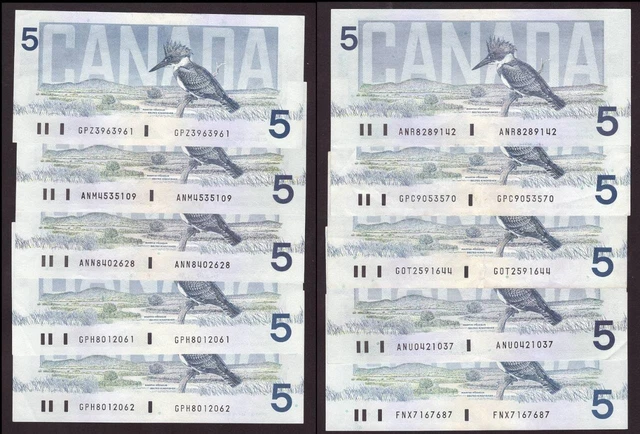 10x 1986 Canada $5 banknotes nice mixed lot FINE to Choice AU