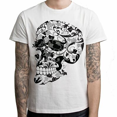 Flower Skull Large Print Men's T-Shirt - Tattoo Floral Skeleton Goth