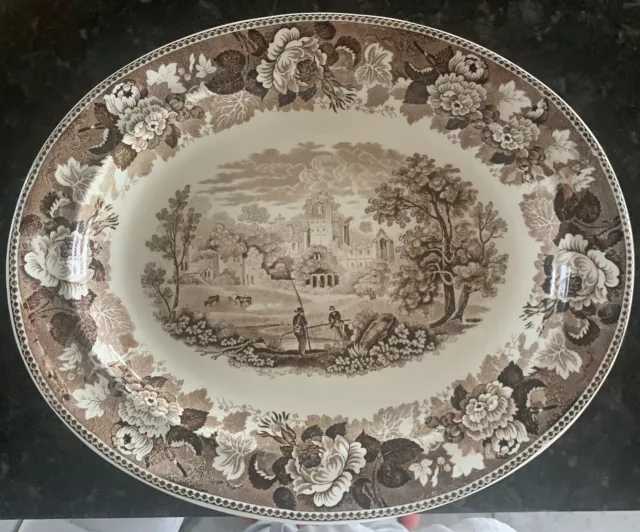 Antique Brown Transferware Wedgwood Staffordshire Platter Fisherman Farm Castle