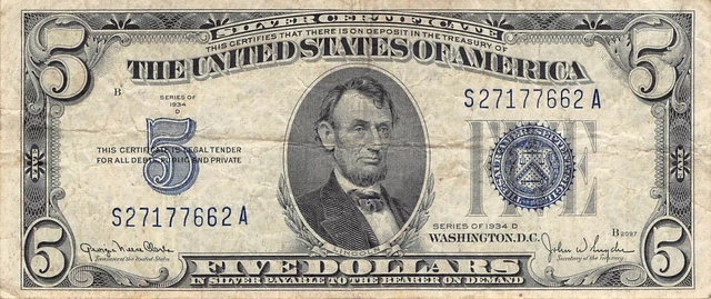 1934-D $5 Silver Certificate Blue Seal Dollar Bill (PM100)