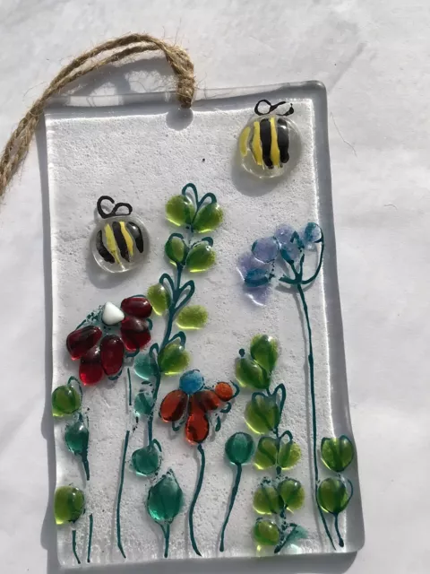 Fused Glass Bees And Flowers Suncatcher. Handmade