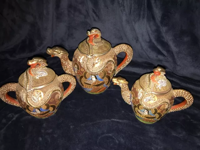 Retro Vtg 11-pc Japanese Porcelain Ceramic Satsuma Moriage Dragon Ware Tea Set 3