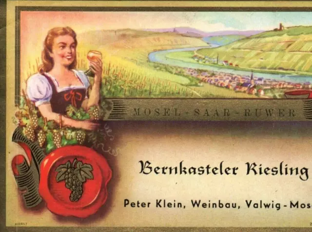 Lovely Maiden Mosel Saar Ruwer Bernkasteler  1950's-60's German Wine Label