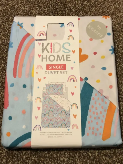 Kids Home Blue Rainbow Heart Reversible Duvet Set Cover Pillow Case Size Single