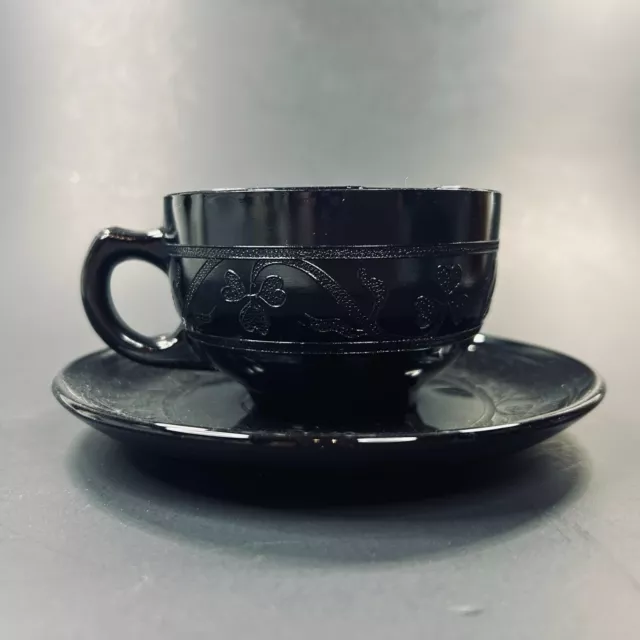 Hazel Atlas Black Depression Glass Cup & Saucer Shamrock Cloverleaf 1930's 3