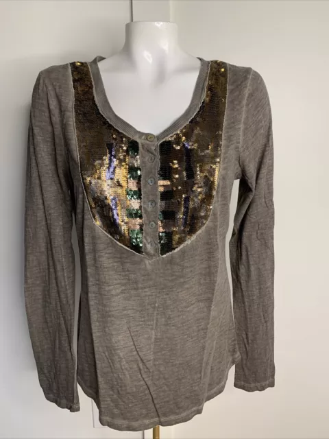 Free People Brown L Tiger Eyes Henley Shirt Distressed Bronze Sequin Boho Top