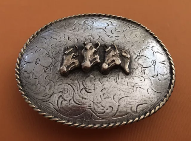 SUPER SALE Old Western Vintage SSS Sterling Silver & Nickel 3 Horses Belt Buckle