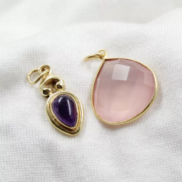 925 Sterling Silver Jewelry Rose Quartz Amethyst Gold Plated Combo Pendant Set