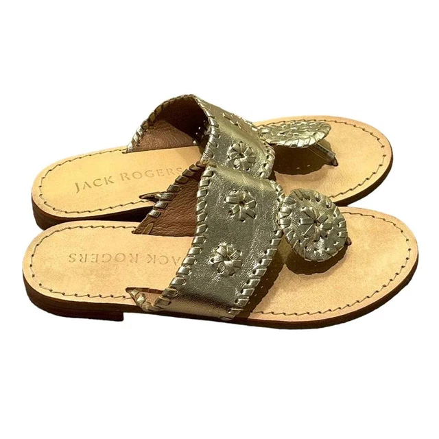JACK ROGERS Jacks flat girls size 2 Gold leather flip flop slip on sandals