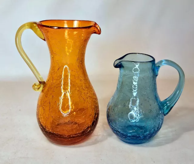 Vintage Crackle Glass Small Pitchers Orange and Blue Hand Blown