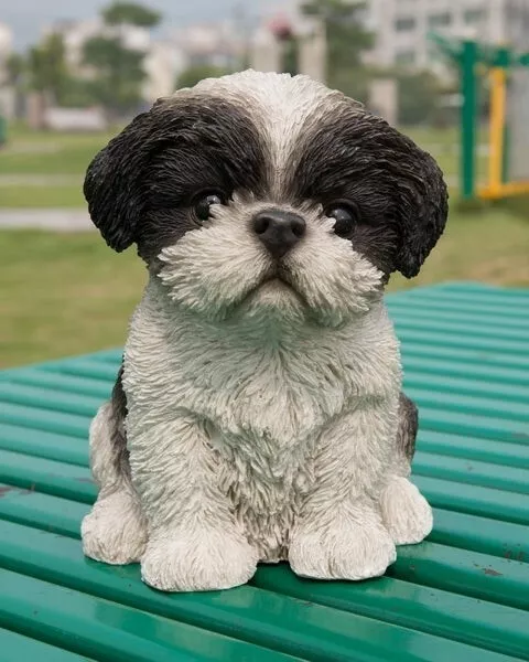 Sitting Shih Tzu Black Puppy Dog - Life Like Figurine Statue Home Garden