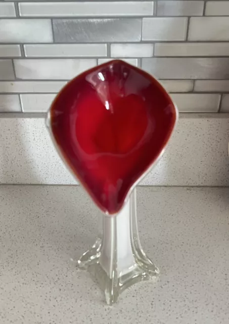 Art Glass Hand Blown  Jack in the Pulpit Vase, Scarlet Red, White & Clear Vase