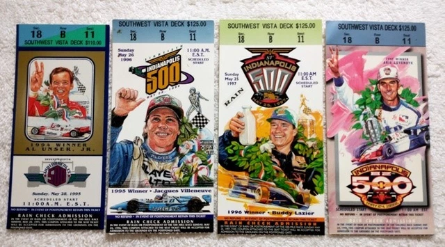 INDY 500 TICKET Stubs • 1995-98 • UNSER, Jr. • LUYENDYK • LAZIER • VILLENEUVE INDY 500 TICKET Stubs • 1995-98 • UNSER, Jr. • LUYENDYK • LAZIER • VILLENEUVE