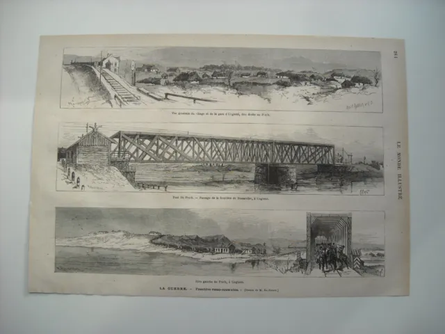 Gravure 1877.  Frontiere Russo-Roumaine. Pont Du Pruth. Village D'ungheni.