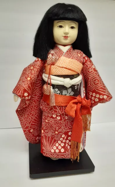 Vintage Japanese Geisha Girl Doll Ichimatsu (?) on SIGNED BASE Stand Large 17"