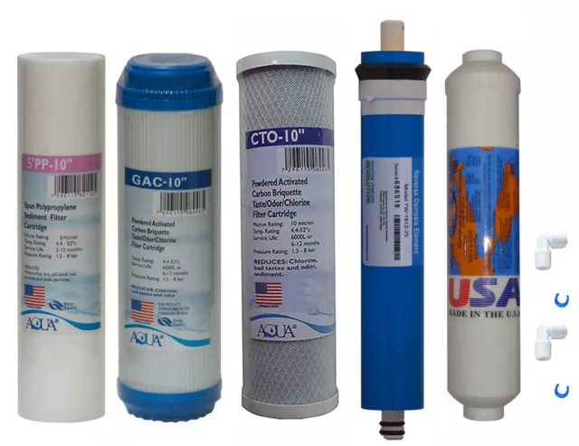 Full 5 stage Reverse Osmosis Replacement Filter set with 75 GPD membrane, USA